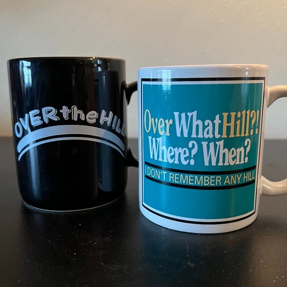 Set of 2 Growing Old Mugs Over the Hill. Over What Hill?! Where? When? ~… - Picture 1 of 8